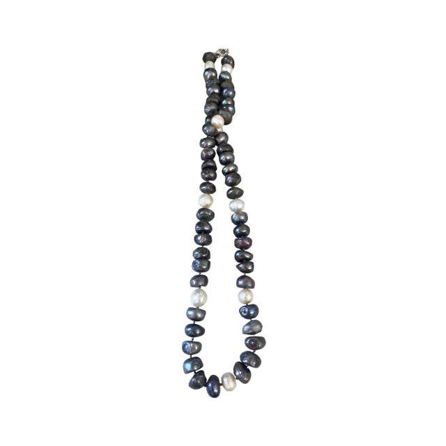 Gray Vintage Black White Blue Grey 19.5" Long Freshwater Baroque Necklace Pearls For Sale - Image 8 of 11