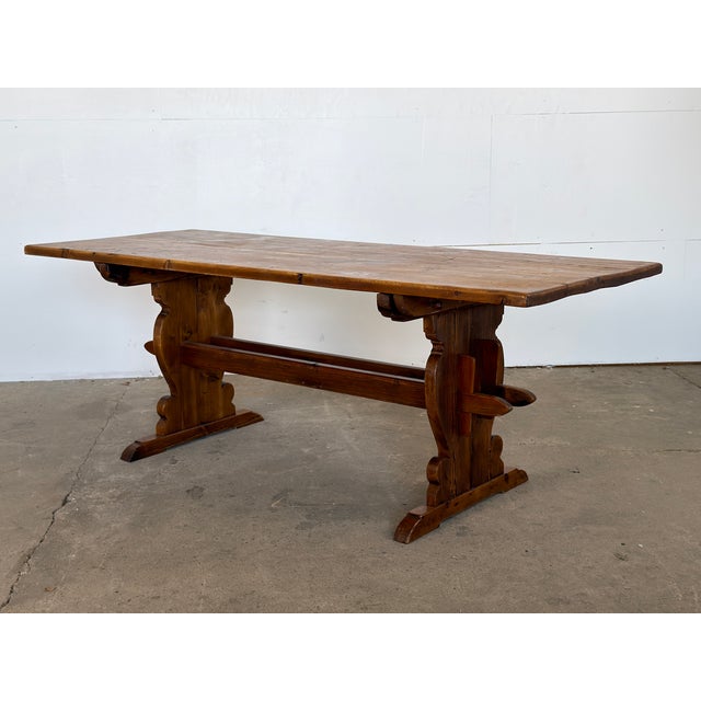 Mid-Century Scandinavian Modern Rustic Pine Trestle Dining Table, 1940s For Sale - Image 11 of 11