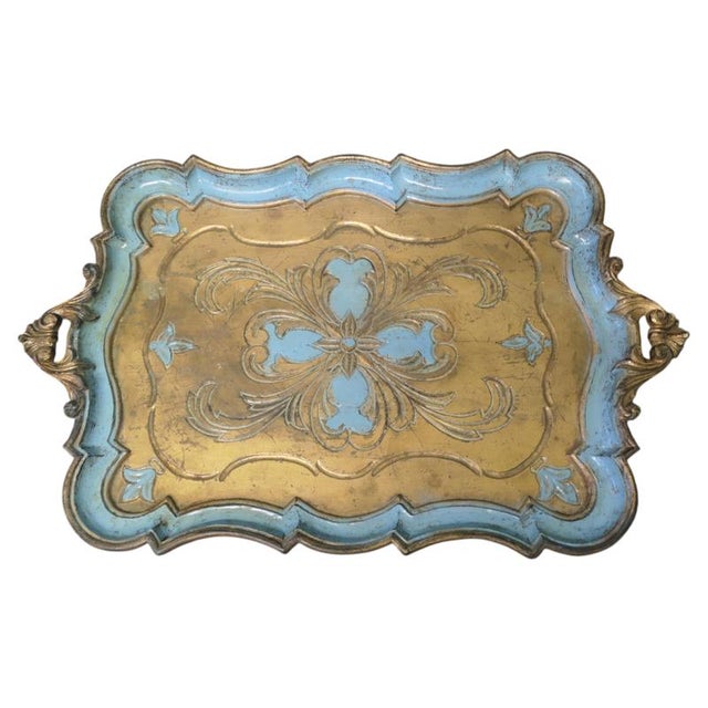 Blue Decorative Carved Gold and Blue Painted Italian Sideboard Tray, 1960 For Sale - Image 8 of 8