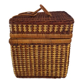 Vintage Boho Chic Two Tone Woven Wicker Storage Basket For Sale