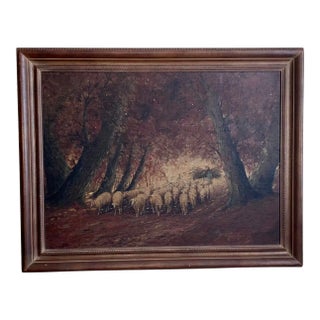 Rare Old Barbizon Style Landscape Painting With Sheep on Burlap Signed For Sale