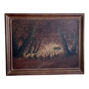 Rare Old Barbizon Style Landscape Painting With Sheep on Burlap Signed