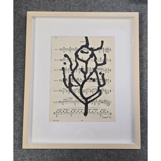 Framed Original Drawings 'Black and White Floral Abstractions on Vintage Music Score Sheets' #2 - Wall Gallery Installation - Set of 3 For Sale - Image 10 of 10