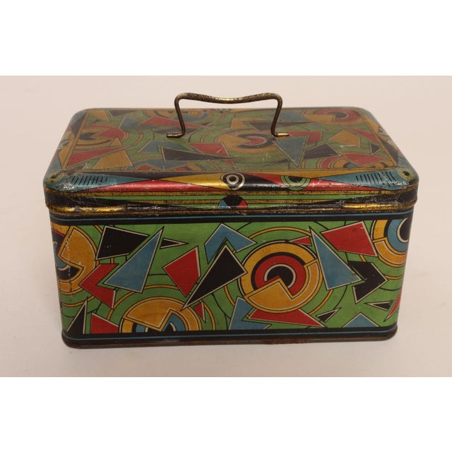 1930s Art Deco Bauhaus Geometric Decorative Tin Box With Brass Handle For Sale - Image 5 of 18