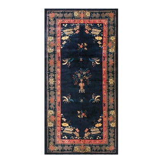 1920s Blueu Navy Vase Floral Antique Peking Rug 6' 0'' X11' 8'' Handknotted Wool Carpet For Sale