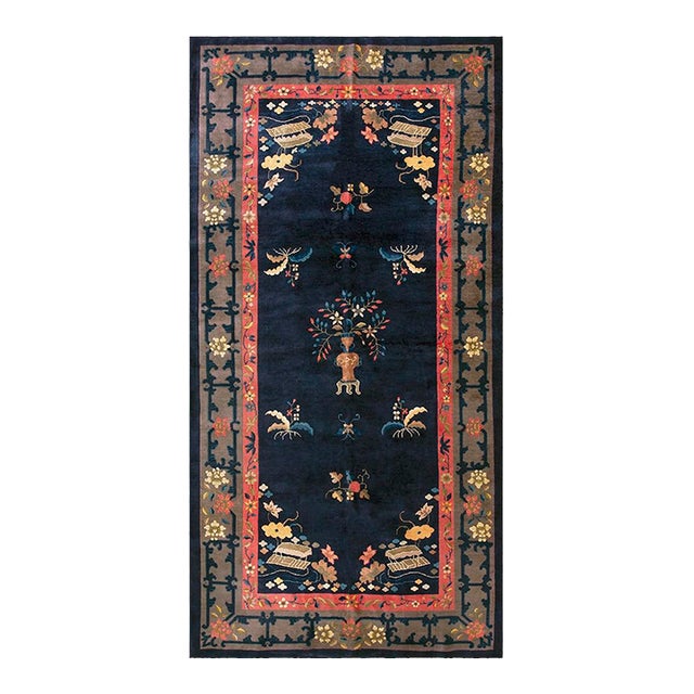 1920s Blueu Navy Vase Floral Antique Peking Rug 6' 0'' X11' 8'' Handknotted Wool Carpet For Sale