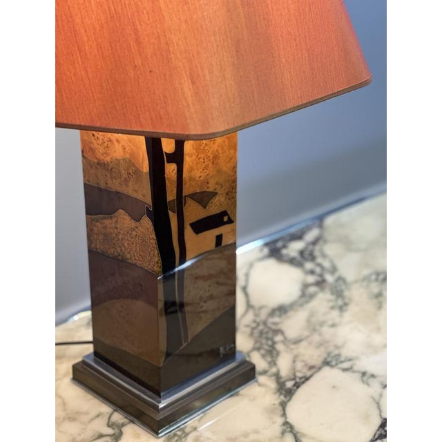 Brown Vintage Table Lamp in Burl Wood with Abstract Inlay by Jean Claude Mahey, 1970s For Sale - Image 8 of 9