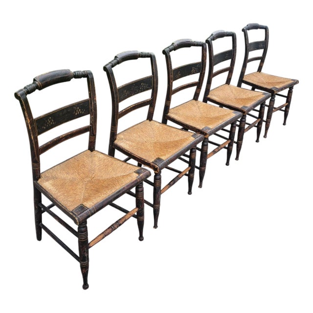 Period Early 19th Century Set of 5 Hitchcock Painted Stenciled Side Chairs For Sale