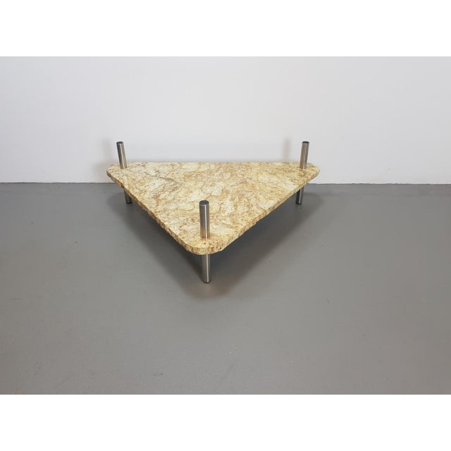 Rustic Brutalist Triangle Coffee Table in Marble and Stainless Steel, 1970s For Sale - Image 3 of 12