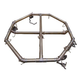 Vintage 1970s Handcrafted Copper Pipe Octagon Pot Rack With Chains & Hooks For Sale