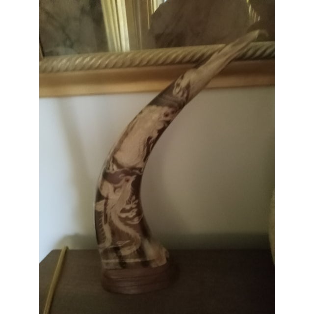 Vintage 1970s Horns With Oriental Dragon Design Mounted on Wood - a Pair For Sale - Image 13 of 16
