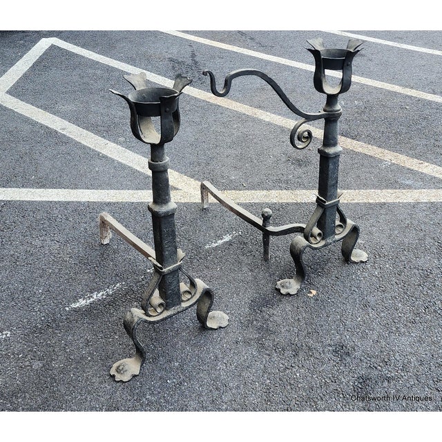 Pair Early Antique French Wrought Iron Basket Top Andirons / Firedogs With Crane Pot Bar 28" For Sale In New York - Image 6 of 16