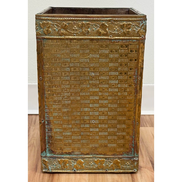 Vintage 19th C French Repousse Style Brass and Wood Waste Bin or Umbrella Stand For Sale - Image 4 of 6