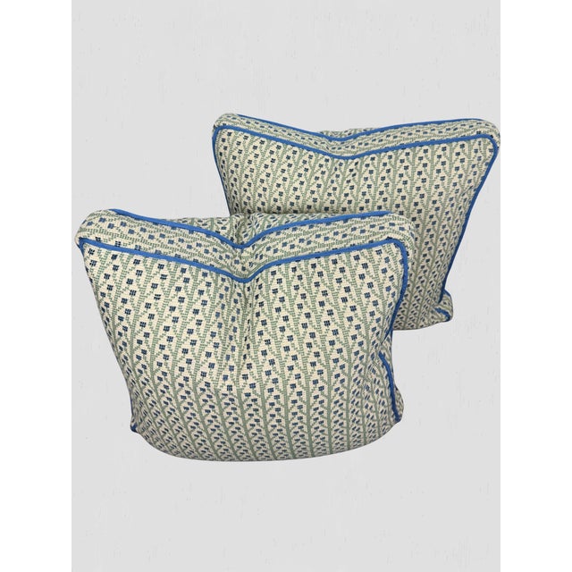 Beautiful custom made pillow pair in Fabricut Aditi Pistachio front, back and sides. Blue cord. Hidden zipper closures....