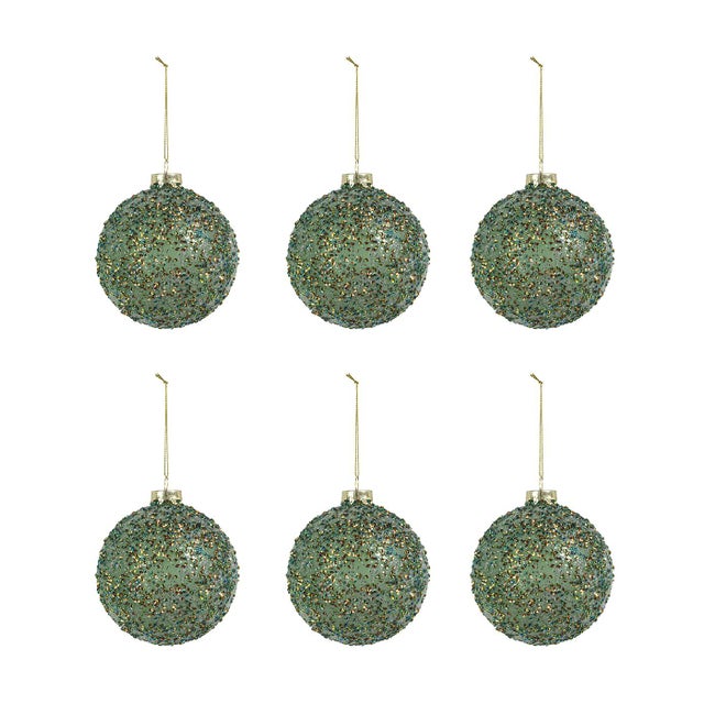 Modern Beaded Tinsel Green Glass Ball Ornaments, Set of 6, 4" For Sale - Image 3 of 3