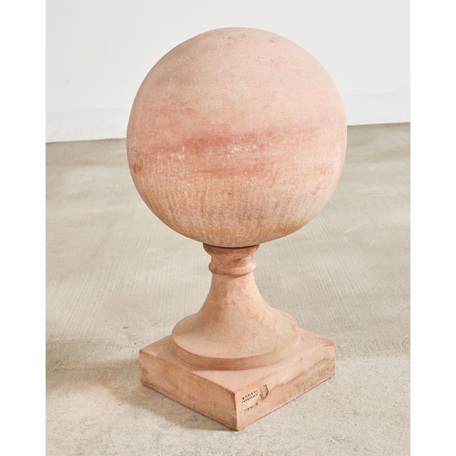 Pair of Tuscan Terracotta Garden Sphere Finials on Pedestals For Sale - Image 13 of 18