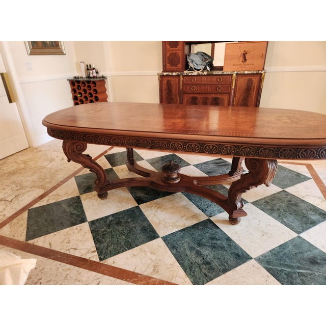 Brown Antique Renaissance Revival Inlay Dining Table For Sale - Image 8 of 17