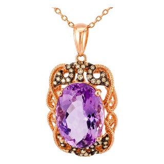 Late 20th Century 14K Pink Rose Gold Diamond Amethyst Filigree Pendant Necklace For Sale