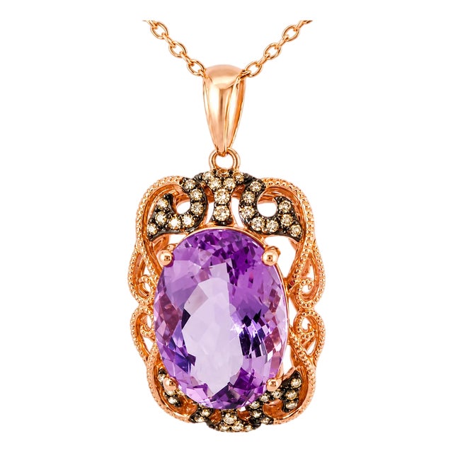 Late 20th Century 14K Pink Rose Gold Diamond Amethyst Filigree Pendant Necklace For Sale