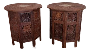 Pair of Vintage Hand-Carved Wooden Side Tables With Inlaid Tops