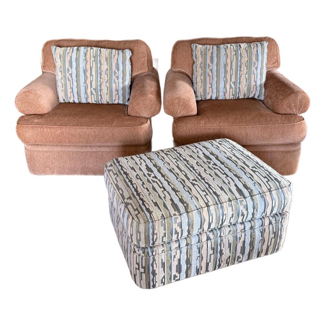 Ultra Comfy 3 Piece Set Beacon Hill Custom Oversized Lounge Club Chairs With Coordinated Pillows Matching Upholstered Ottoman For Sale