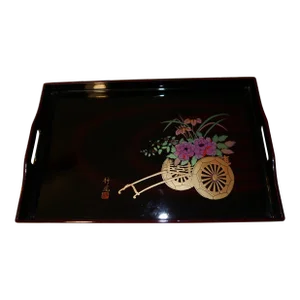 Vintage Japanese Black Burgundy Gold Lacquer Ware Serving Tray Flower Cart Wagon Rickshaw