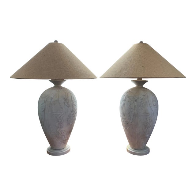 1980s Vintage Casual Lamps of California Tribal Bird Abstract White Plaster Lamps- a Pair For Sale