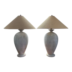 1980s Vintage Casual Lamps of California Tribal Bird Abstract White Plaster Lamps- a Pair