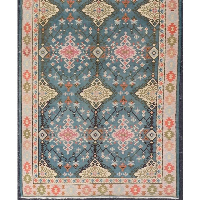 Mid 20th Century Vintage Turkish Kilim Rug in Blue, Coral, Ivory, and Olive 5'7 X 14'2 For Sale - Image 5 of 13