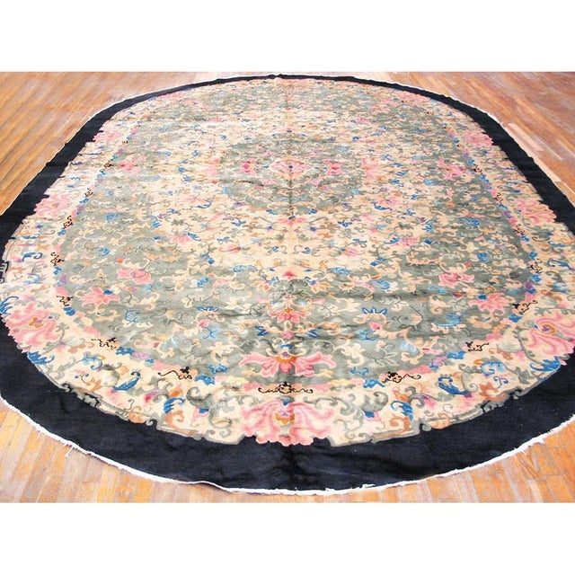 1930 Green Colorful Antique Chinese Peking Rug Large Oval Wool Carpet For Sale - Image 4 of 7