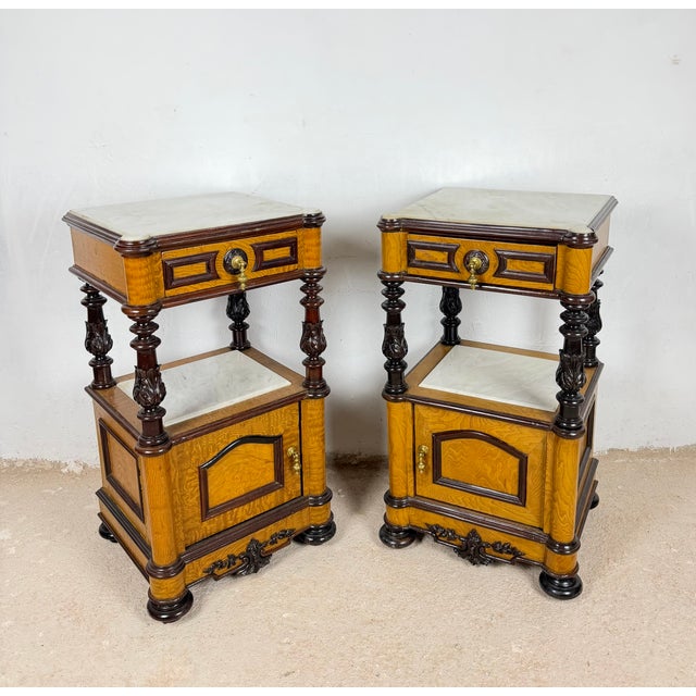 French Empire Style Marble-Top Nightstands with Cabinet Doors, 1940, Set of 2 For Sale - Image 6 of 12
