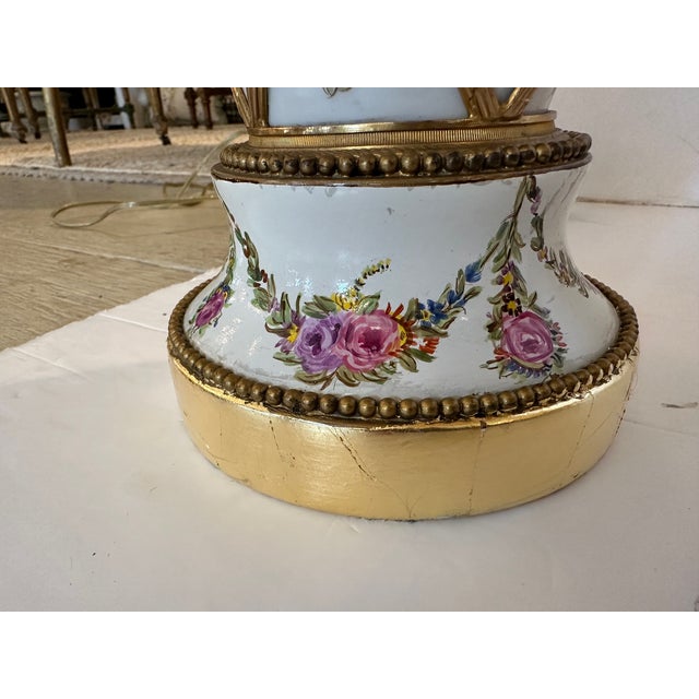 Vintage Porcelain Painted Table Lamps With Brass Overlays -A Pair For Sale - Image 4 of 12