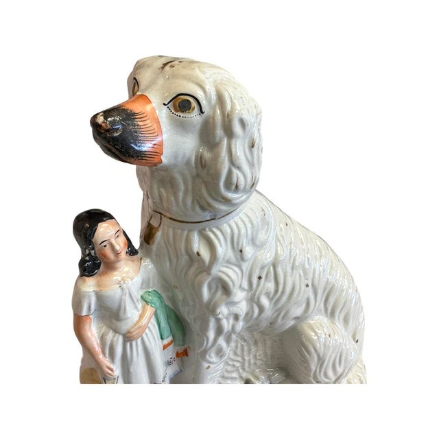 Antique White Mid 19th Century Staffordshire Large Dog Figurine With Girl For Sale - Image 8 of 8