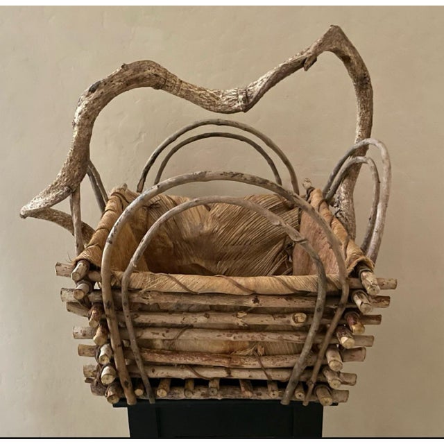 Native American Handmade Woven Twig & Palm Husk Basket Freeform Branch Handle For Sale - Image 3 of 12