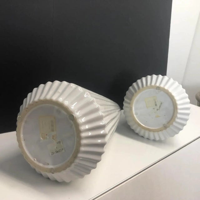 Mid-Century Modern Tall White Ribbed Ceramic Vases | Pair For Sale - Image 3 of 5