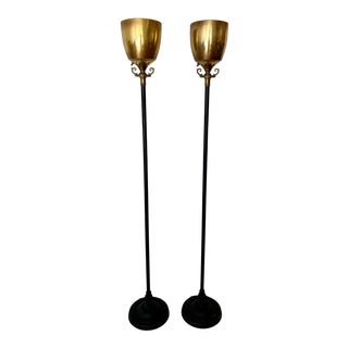 Mid Century Brass Torchiere Floor Lamps-A Pair For Sale