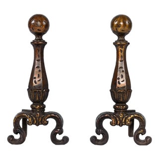 Pair of Fire Dogs Andirons With Hammered Texture and Cannonball Crown For Sale