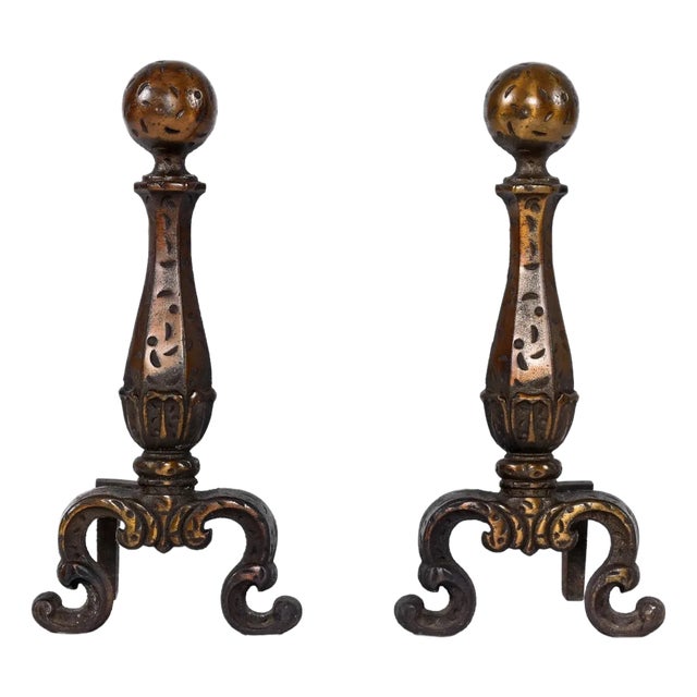 Pair of Fire Dogs Andirons With Hammered Texture and Cannonball Crown For Sale