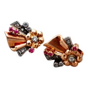 Gold Earrings with Diamond Flakes and Garnet Stones and Silver Applications, Set of 2 For Sale