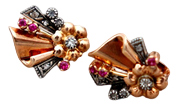 Gold Earrings with Diamond Flakes and Garnet Stones and Silver Applications, Set of 2