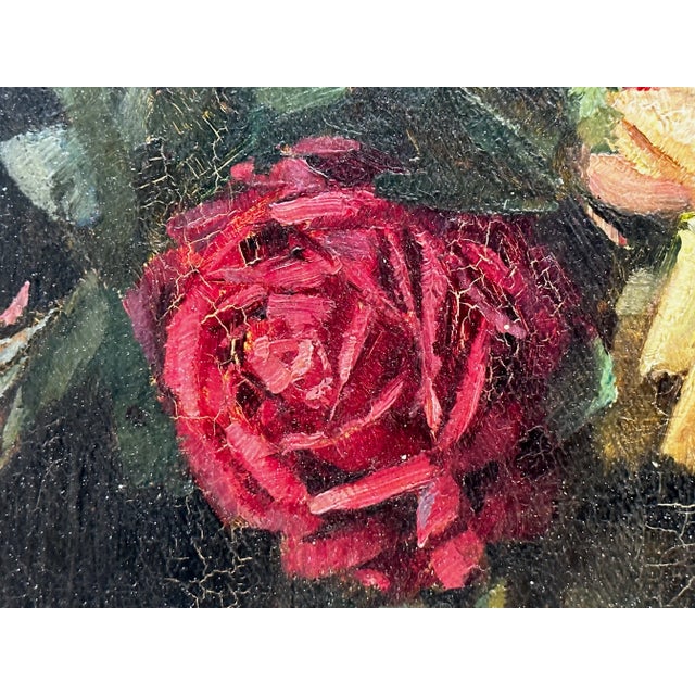 Wood British Oil Painting Flowers Garden Roses Signed Ernest Higgins Rigg Staithes Group Framed For Sale - Image 7 of 12