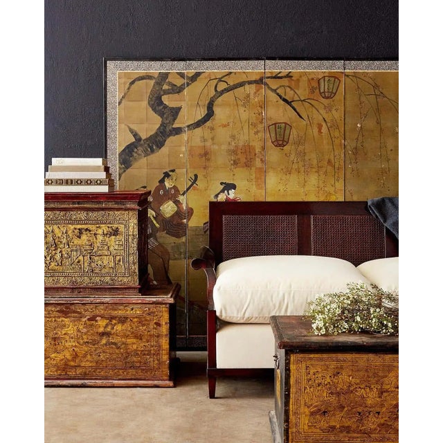 Exquisite 19th century Burmese Mandalay period gilt chest or trunk table. Decorated Buddhist scenes of followers...