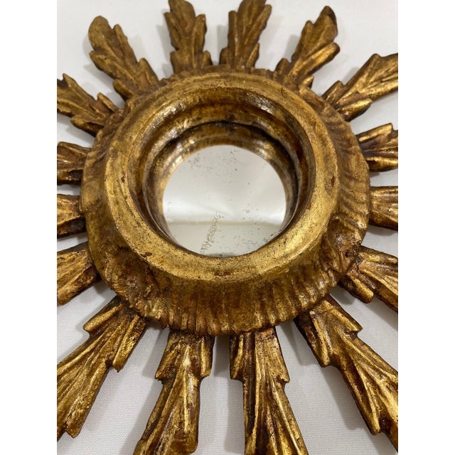 1940s French Petite 9.5" Giltwood Sunburst Convex Wall Mirror For Sale - Image 9 of 15