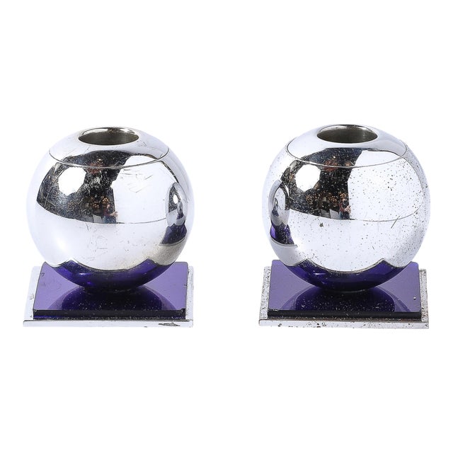 Art Deco Chrome & Cobalt Blue Glass Candleholders by Walter Von Nessen for Chase For Sale