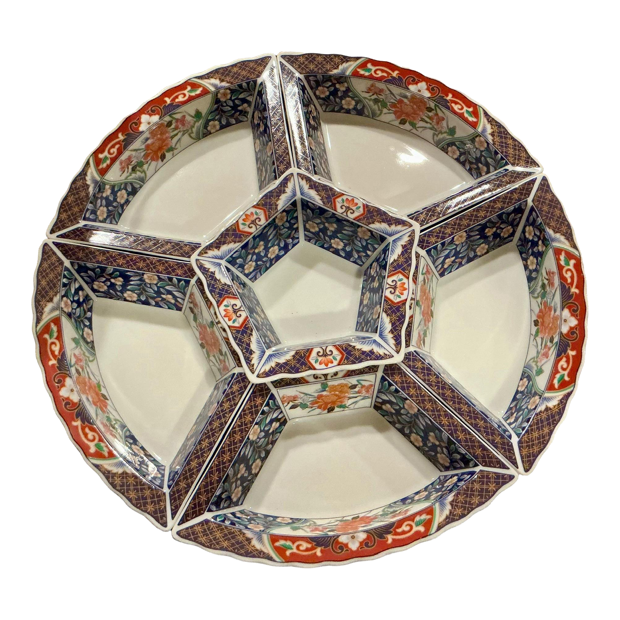 Vintage Imari Appetizer Condiment Tray on Wooden Lazy Susan | Chairish