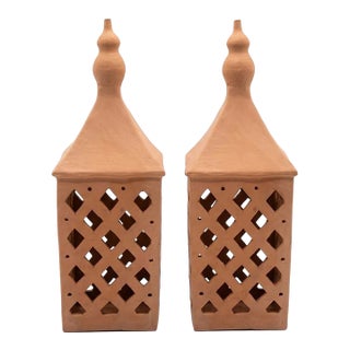 Vintage Moroccan Handmade Terracotta Lanterns - a Pair For Sale