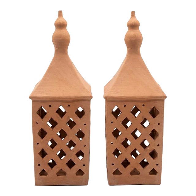 Vintage Moroccan Handmade Terracotta Lanterns - a Pair For Sale