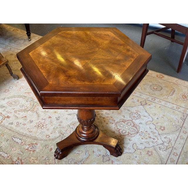 This is a CTH Sherill Occasional octagon table. It has mahogany wood. It has a pedestal base. It has beautiful carved...