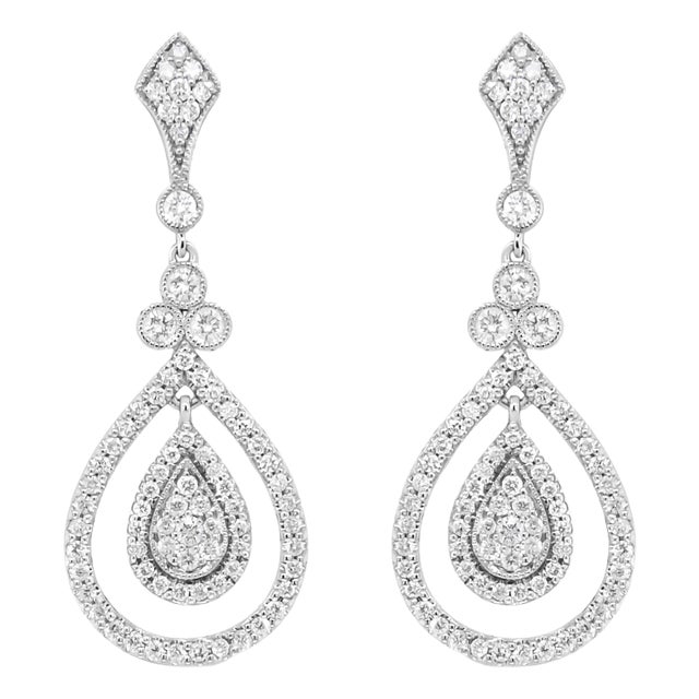 18K White Gold 1 1/4 Cttw Round Diamond Openwork Teardrop-Shaped Dangle Earrings (F-G Color, VS1-VS2 For Sale