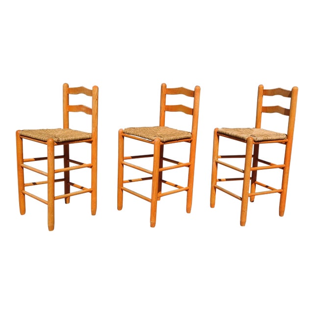 Set of 3 Post Modern Rush and Oak Barstools, 1980s For Sale